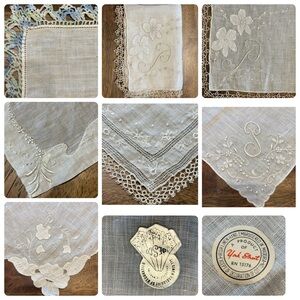 VTG 9 dainty handkerchiefs napkins fairycore cream some blue crochet monogram P